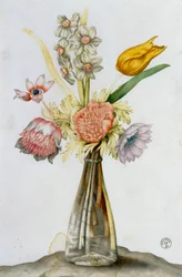 Glasvase mit Anemonen, einer Narzisse und einer Tulpe